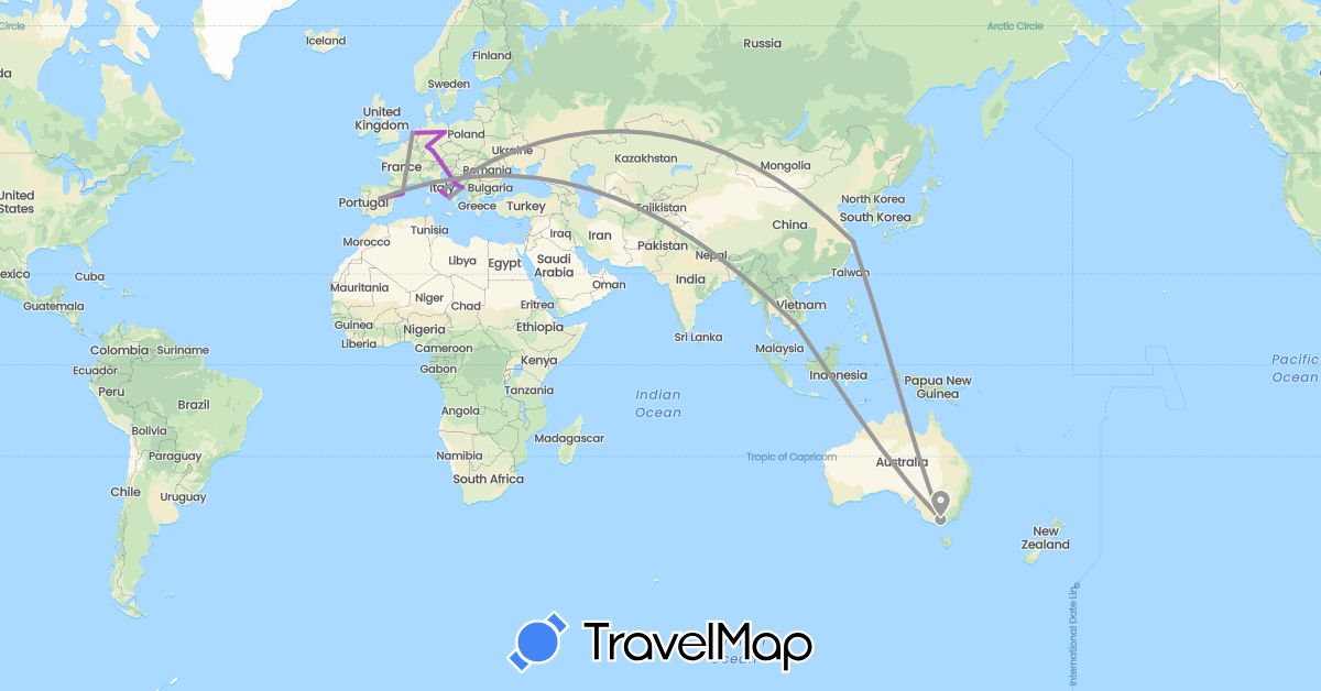 TravelMap itinerary: driving, plane, train in Australia, Germany, Spain, Croatia, Italy, Netherlands, Qatar, Vietnam (Asia, Europe, Oceania)